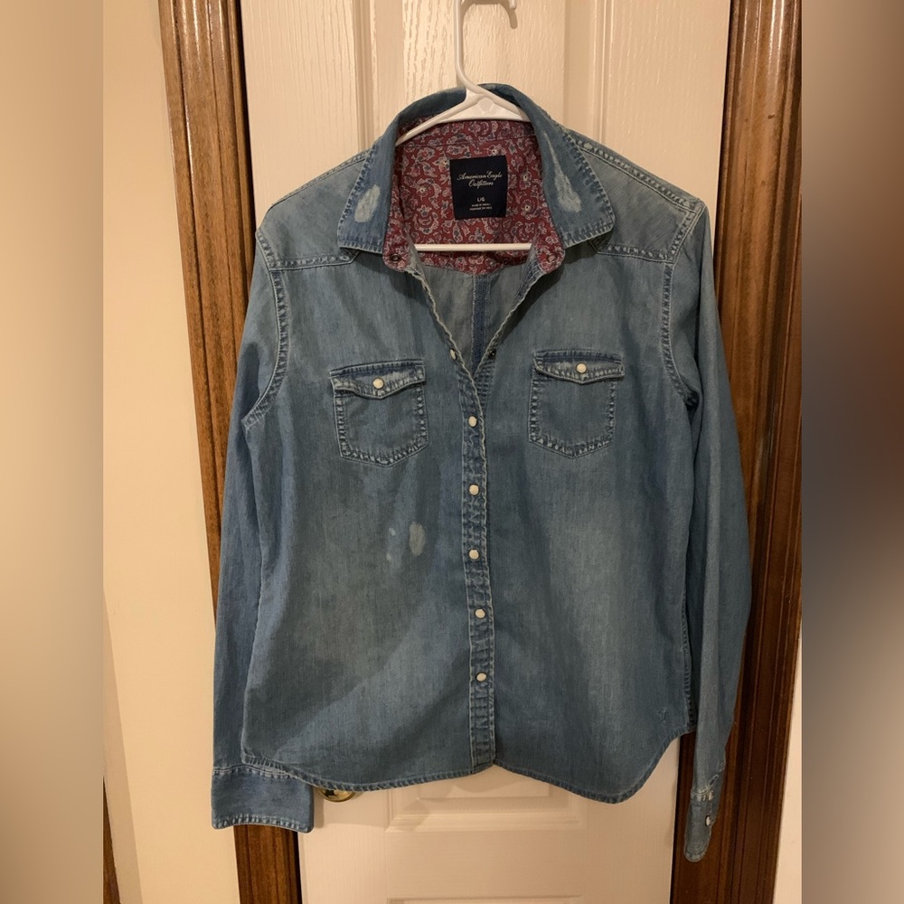 American eagle distressed denim button up, size large